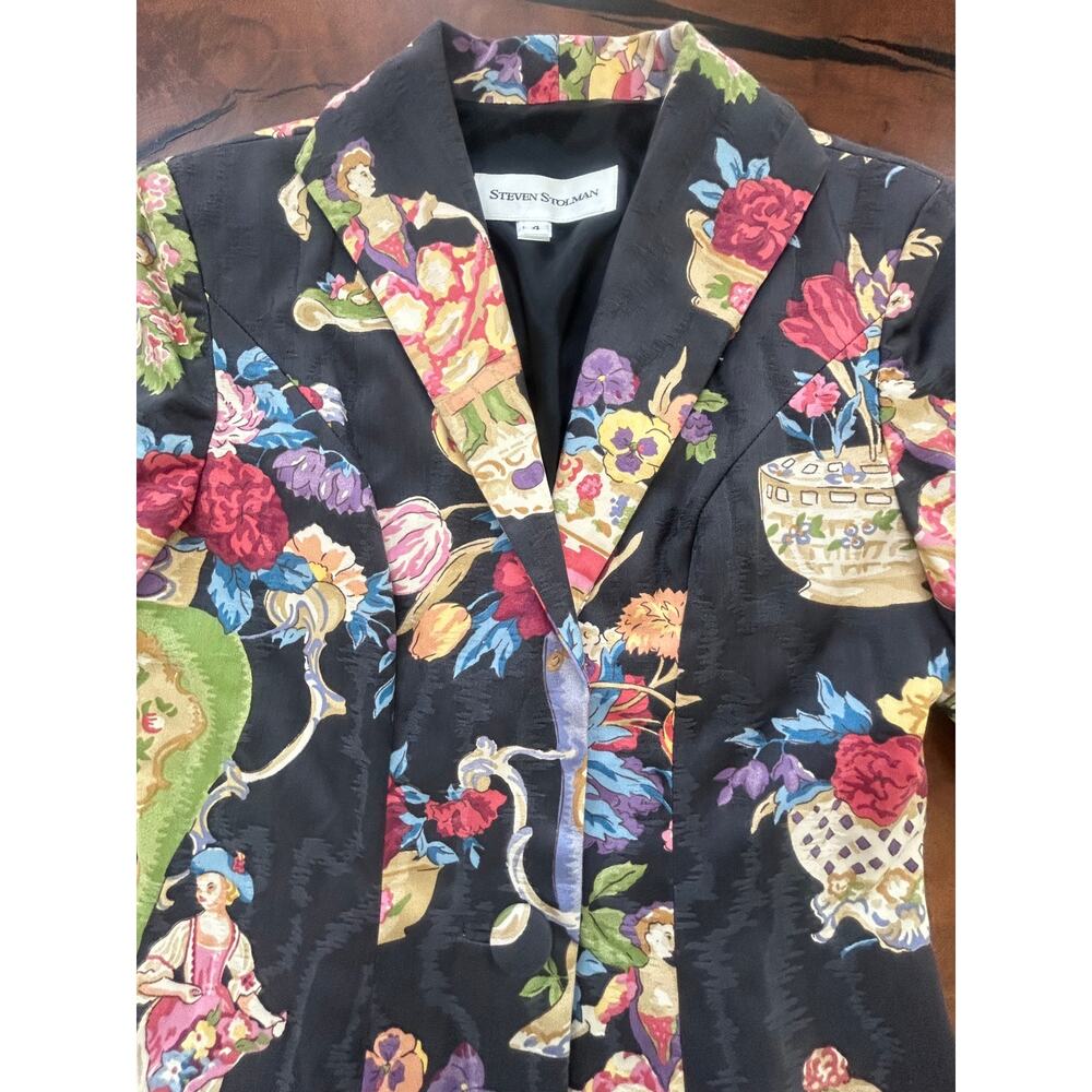 Vintage 90s Steven Stolman Italian Floral Novelty Maximalist Jacquard Blazer 4 S - Picture 2 of 5